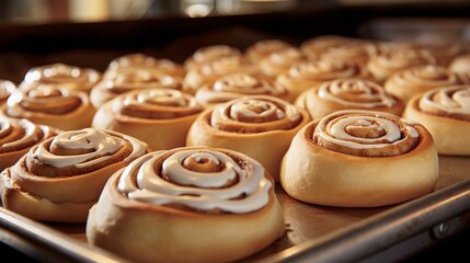 Obraz na płótnie Canvas Freshly baked cinnamon rolls, their spiral shapes holding a luscious cream cheese frosting.