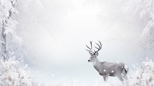 Generative AI image of a white deer in the snow in the winter