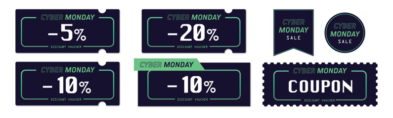 サイバーマンデーセールに使えるネオンカラーのクーポンベクターデザイン素材セット2

