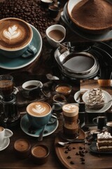 There are many cups of coffee, lattes, espresso on the table of the bar, coffee shop. Food and drinks, breakfast, coffee concepts.