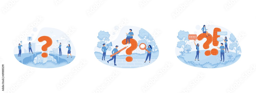 Poster business people asking questions around a huge question mark. frequently asked questions. question a