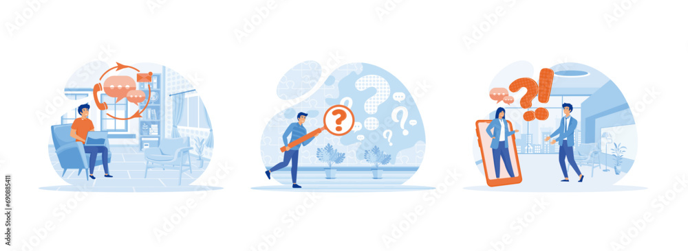 Poster customer support a question. man holding magnifying glass and looking through it at interrogation po