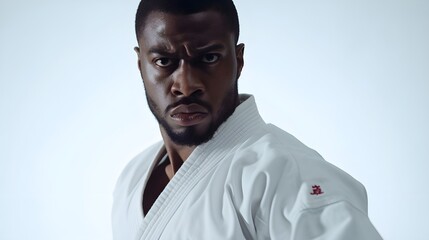 Portrait of a black male karate fighter on action against white background with space for text, background image, generative AI - obrazy, fototapety, plakaty