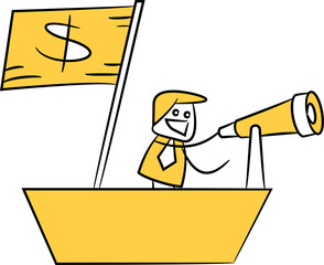 Businessman Driving Boat and Using Binocular Illustration

