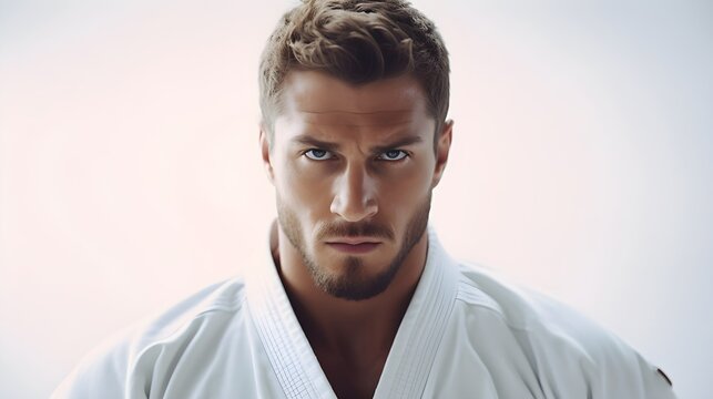 Portrait of a white male karate fighter on action against white background with space for text, background image, generative AI