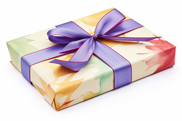 A water color gift wrapped package wrapped with ribbon, isolated on a solid white background
