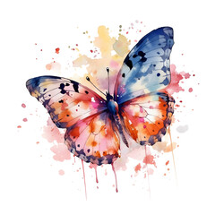 Cute cartoon watercolor butterfly with colorful paint splash on a transparent background