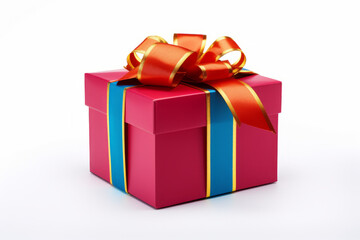 A colorful gift box in rich hues wrapped with ribbon, isolated on a solid white background