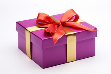 A purple gift box wrapped with ribbon, isolated on a solid white background