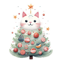 cat and christmas tree with gift