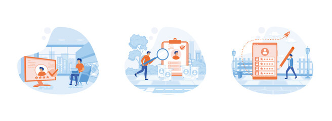  Hr managers searching new employee. Reading CV and giving job candidate review. Applying for work position. Job recruitment process set flat vector modern illustration