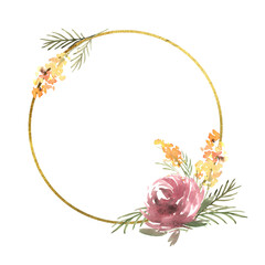 Floral round frame with aster and mimosa, golden texture. Hand drawn watercolor illustration of botanical template for greeting cards or wedding invitations, Mother's Day, March 8, posters, logos. © ValentinaSova