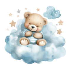 Cute baby teddy bear sleeping on the cloud Illustration, Generative Ai