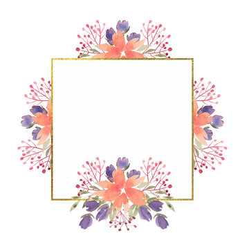 Watercolor floral square frame with purple and orange flowers, different branches, frame with golden texture. Hand drawn illustration of botanical template for greeting cards or wedding invitations