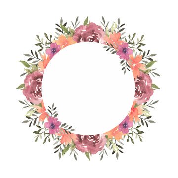 Watercolor floral round wreath of roses, orange and pink flowers, with green leaves and twigs. Hand drawn illustration of botanical template for greeting cards or wedding invitations, mother's day