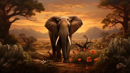 Fototapeta na wymiar a vivid portrait of a magnificent elephant, dusting its colossal frame against a backdrop of acacia trees