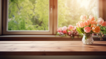 花と美しい窓とコピー スペースが付いたキッチンの木製テーブルGenerativeAI - obrazy, fototapety, plakaty