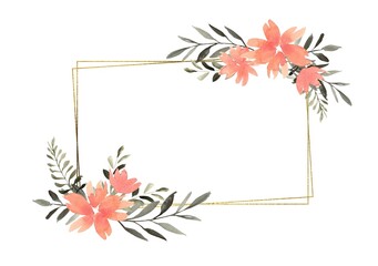 Watercolor floral rectangular frame with compositions of orange flowers and greenery, frame with gold texture. Hand drawn illustration of botanical template for greeting cards or wedding invitations