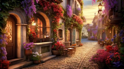 Fototapeta na wymiar Wander through a charming village square, where cobblestone streets wind between centuries-old buildings adorned with vibrant flowers