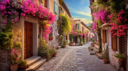 Wander through a charming village square, where cobblestone streets wind between centuries-old buildings adorned with vibrant flowers - obrazy, fototapety, plakaty