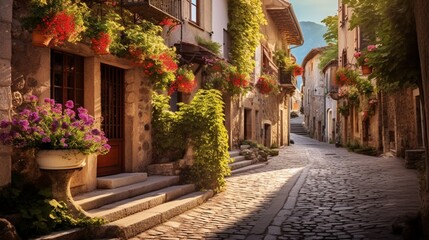Wander through a charming village square, where cobblestone streets wind between centuries-old buildings adorned with vibrant flowers