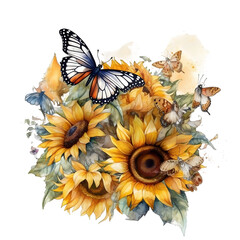 Cute cartoon watercolor butterfly with sunflower on a transparent background