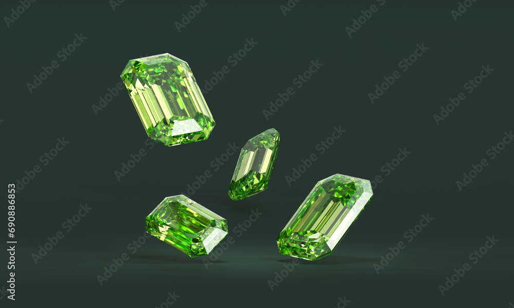 Poster green emerald isolated on glossy background 3d rendering