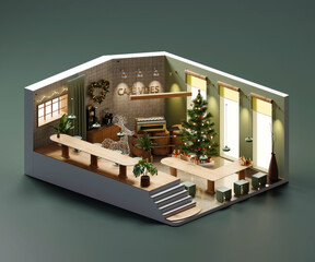 Isometric view minimal cafe store open inside interior architecture, 3d rendering digital art.