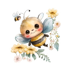 Cute cartoon watercolor bee with sunflowers on a transparent background - obrazy, fototapety, plakaty
