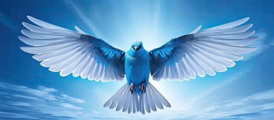 breathtaking sky filled with vibrant blue hues, a white bird with a majestic portrait adorned with mesmerizing feathers, piercing eyes, and wings spread wide, showcases the captivating beauty of - obrazy, fototapety, plakaty