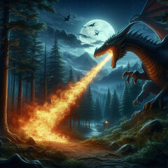 ai generate realistic illustration of an angry dragon rampaging in the forest