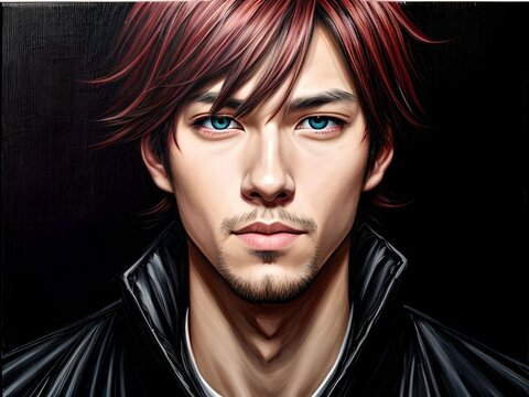 Blue Eyes Asian Guy with Red Hair Looking at Camera in Black Leather Illustration
