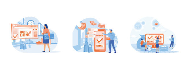 online shopping and cashless transfers, Confirmation of an online order, Online internet shopping sale buy purchase process. Order confirmation set flat vector modern illustration