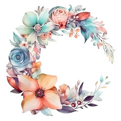 Cute cartoon watercolor floral wreath on a transparent background