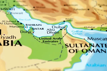 Foto op Plexiglas world map of middle east countries, qatar, oman, united arab emirates, bahrain, dubai, abu dhabi, manama, doha in close up © libin