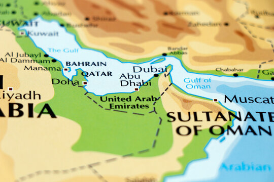 world map of middle east countries, qatar, oman, united arab emirates, bahrain, dubai, abu dhabi, manama, doha in close up
