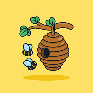 Unique Cute Hanging Beehive | Flat Design Icon, Graphic Vector, Illustration, Isolated on Yellow. Ready for Any Needs and Printing to Create a Sticker with Brown and Green Colors