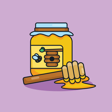 Unique Cute Honey Jar with Dipper | Flat Design Icon, Graphic Vector, Illustration, Isolated on Pink. Ready for Any Needs and Printing to Create a Sticker with Brown and Yellow Colors