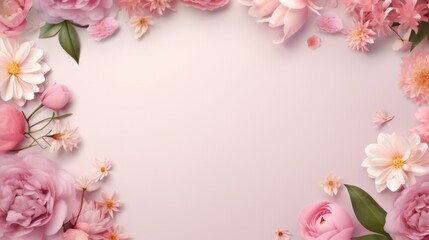Close up of roses, lilies, and daisies on pink surface. Cosmetic backdrop with vibrant flowers.