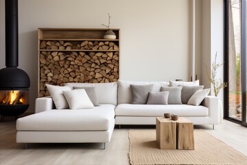 Scandinavian Tree Stump Coffee Table Living Room White Sofa Fireplace Wood Paneling