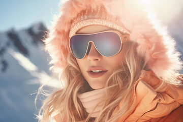 woman macro close up in peach fuzz color winter clothes and ski sun glasses with snowy mountains in the background - obrazy, fototapety, plakaty
