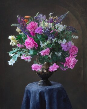 Still life with bouquet of garden flowers