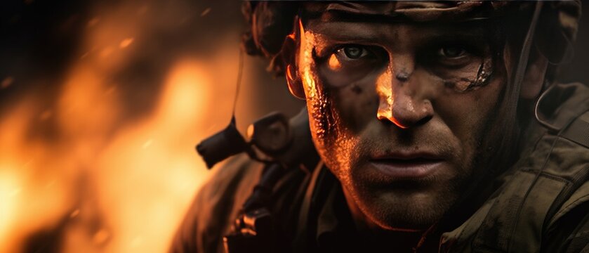 Determined soldier with camo face paint in fiery battlefield. Military action and bravery.