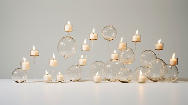 A cascading arrangement of floating candles, each in a bubble-shaped holder, against a white background.