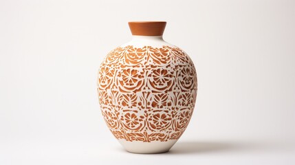 A ceramic flower vase with intricate patterns, isolated against a bright white backdrop.