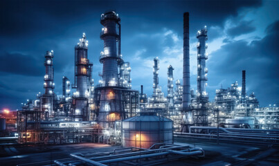 Obraz premium Industrial Hub, Aerial View of Oil Refinery - Complex Infrastructure Amidst Industrial Operations.