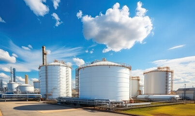 Oil and Gas Refinery Plant with Storage Tanks, Industry Zone Against a Blue Sky.