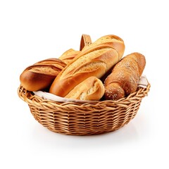 Assorted Freshly Baked Bread Loaves in a Wicker Basket Isolated on White