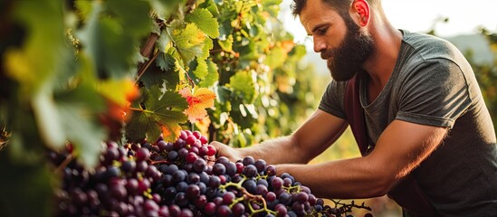Caucasian winemaker inspecting harvested red wine grapes in vineyard.