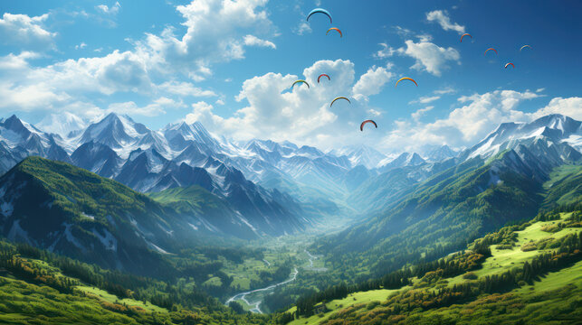 Paragliders Gracefully Soar Above a Verdant Green Valley - Thrilling Flight Experience.